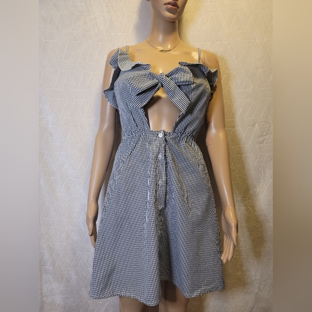 Padded Spaghetti Smocked Back Button Down Checkered Mini Dress